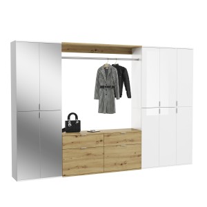 Armoire de rangement 10 portes, 4 miroirs, 4 tiroirs et une penderie – Blanc et chêne – BODITE 
