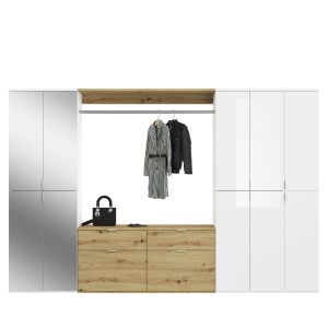 Armoire de rangement 10 portes, 4 miroirs, 4 tiroirs et une penderie – Blanc et chêne – BODITE 