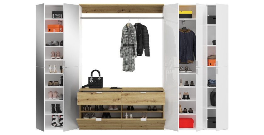 Armoire de rangement 10 portes, 4 miroirs, 4 tiroirs et une penderie – Blanc et chêne – BODITE 