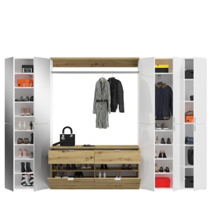 Armoire de rangement 10 portes, 4 miroirs, 4 tiroirs et une penderie – Blanc et chêne – BODITE 
