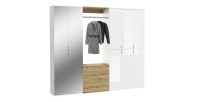 Armoire de rangement 10 portes, 4 miroirs, 2 tiroirs et une penderie – Blanc et chêne – BODITE 
