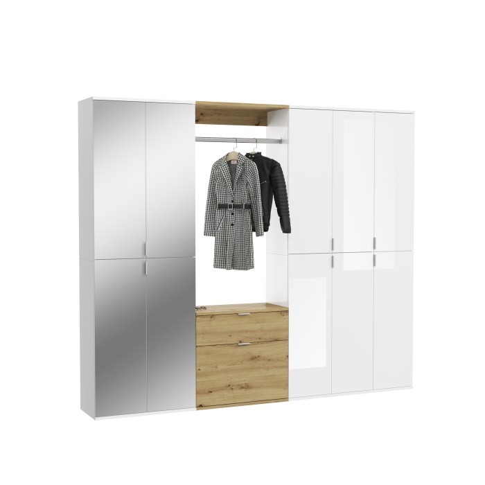 Armoire de rangement 10 portes, 4 miroirs, 2 tiroirs et une penderie – Blanc et chêne – BODITE 