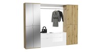 Armoire de rangement 8 portes, 4 miroirs, 4 tiroirs et une penderie – Blanc et chêne – BODITE 