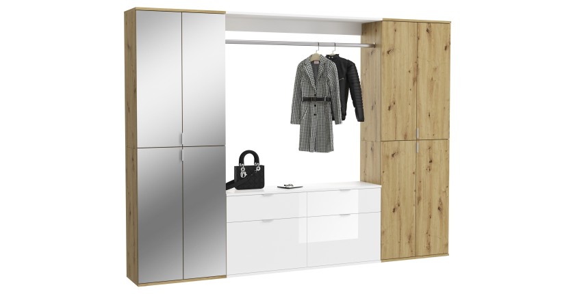 Armoire de rangement 8 portes, 4 miroirs, 4 tiroirs et une penderie – Blanc et chêne – BODITE 