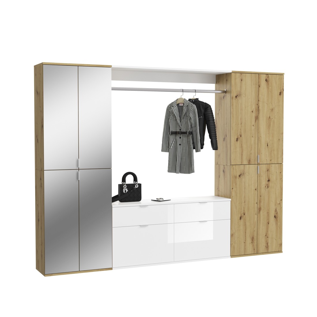 Armoire de rangement 8 portes, 4 miroirs, 4 tiroirs et une penderie – Blanc et chêne – BODITE 