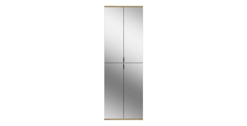 Armoire de rangement 8 portes, 4 miroirs, 4 tiroirs et une penderie – Blanc et chêne – BODITE 