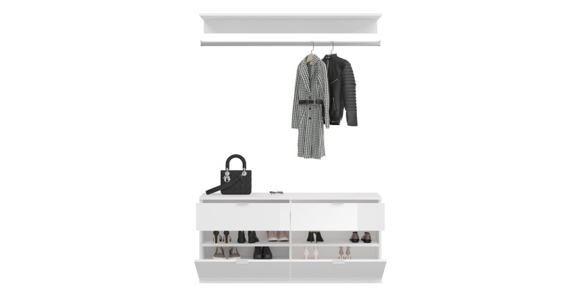 Armoire de rangement 8 portes, 4 miroirs, 4 tiroirs et une penderie – Blanc et chêne – BODITE 