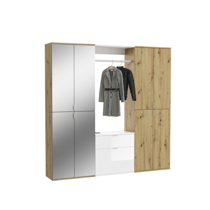 Armoire de rangement 8 portes, 4 miroirs, 2 tiroirs et une penderie – Blanc et chêne – BODITE 