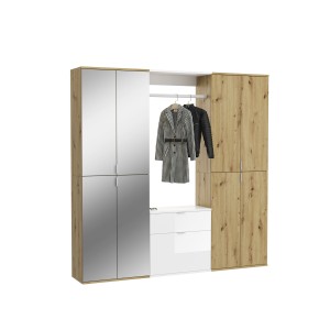 Armoire de rangement 8 portes, 4 miroirs, 2 tiroirs et une penderie – Blanc et chêne – BODITE 