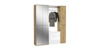 Armoire de rangement 6 portes, 4 miroirs, 2 tiroirs et une penderie – Blanc et chêne – BODITE 