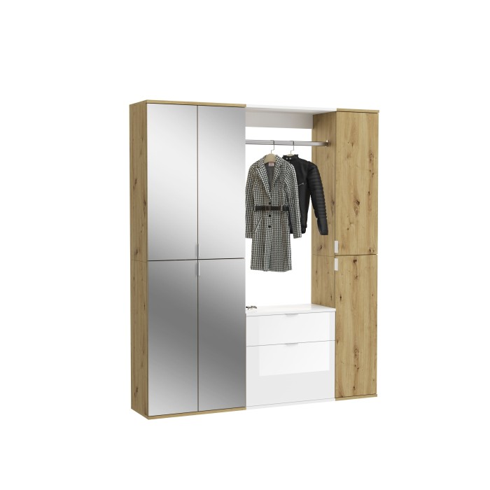 Armoire de rangement 6 portes, 4 miroirs, 2 tiroirs et une penderie – Blanc et chêne – BODITE 