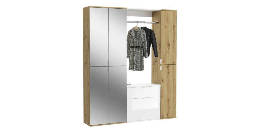 Armoire de rangement 6 portes, 4 miroirs, 2 tiroirs et une penderie – Blanc et chêne – BODITE 