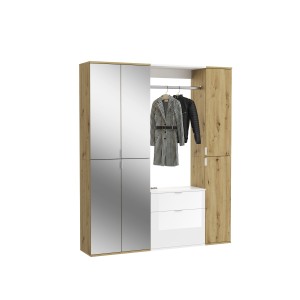 Armoire de rangement 6 portes, 4 miroirs, 2 tiroirs et une penderie – Blanc et chêne – BODITE 
