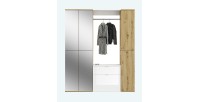 Armoire de rangement 6 portes, 4 miroirs, 2 tiroirs et une penderie – Blanc et chêne – BODITE 