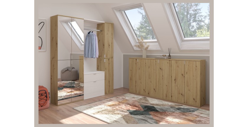 Armoire de rangement 6 portes, 4 miroirs, 2 tiroirs et une penderie – Blanc et chêne – BODITE 