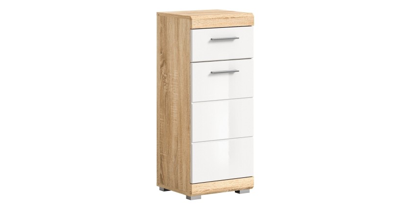 Armoire de salle de bain LEWOTO – 1 porte et 1 tiroir – Blanc et chêne clair 