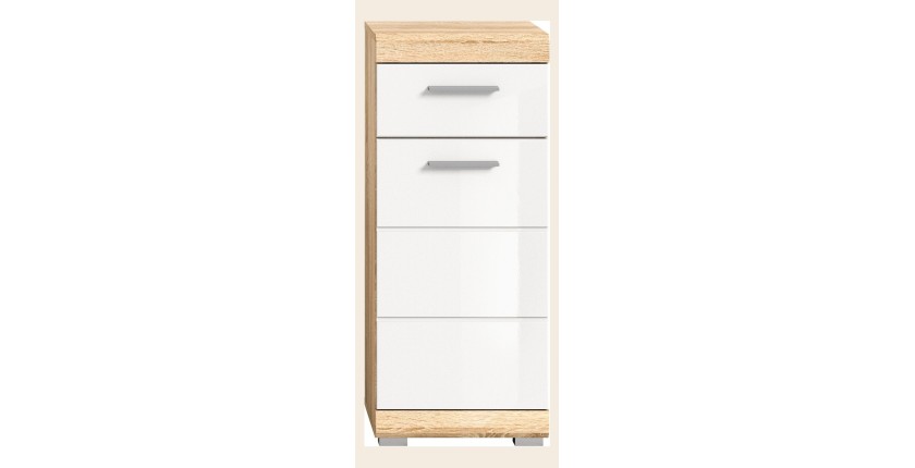 Armoire de salle de bain LEWOTO – 1 porte et 1 tiroir – Blanc et chêne clair 