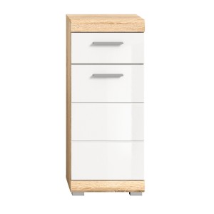 Armoire de salle de bain LEWOTO – 1 porte et 1 tiroir – Blanc et chêne clair 