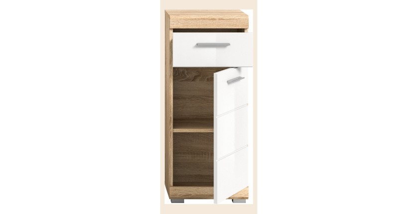 Armoire de salle de bain LEWOTO – 1 porte et 1 tiroir – Blanc et chêne clair 