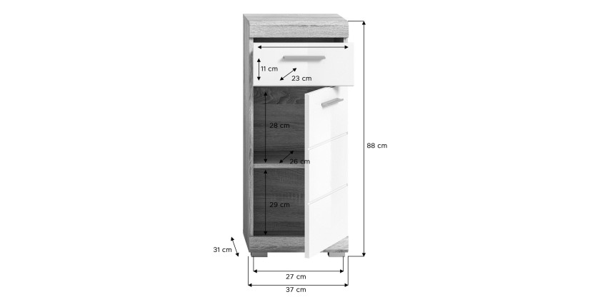 Armoire de salle de bain LEWOTO – 1 porte et 1 tiroir – Blanc et chêne clair 