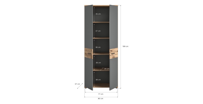 Armoire de rangement de bureau 2 portes – Gris anthracite et chêne clair – SELMA 