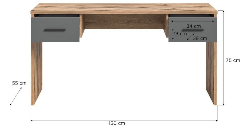 Bureau droit avec 2 tiroirs – Gris anthracite et chêne clair – SELMA 