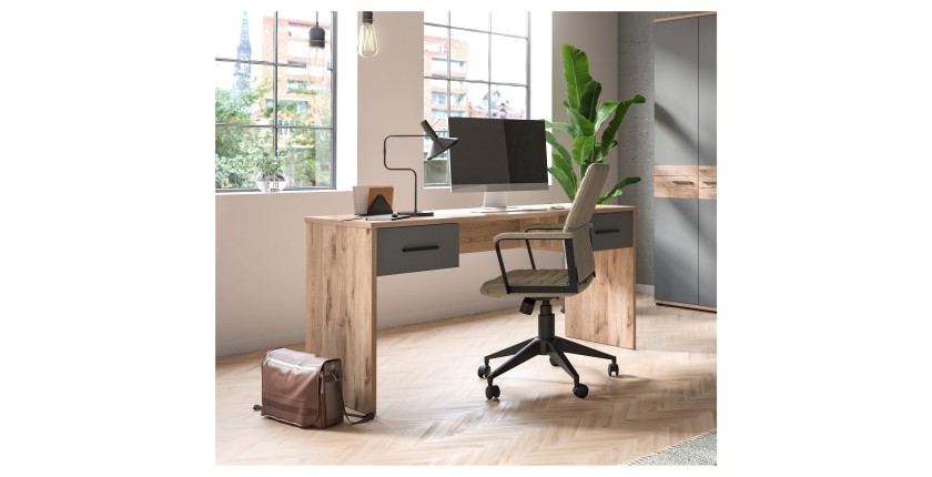 Bureau droit avec 2 tiroirs – Gris anthracite et chêne clair – SELMA 