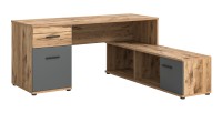 Bureau d'angle avec 2 tiroirs, 1 placard et 2 niches – Gris anthracite et chêne clair – SELMA 