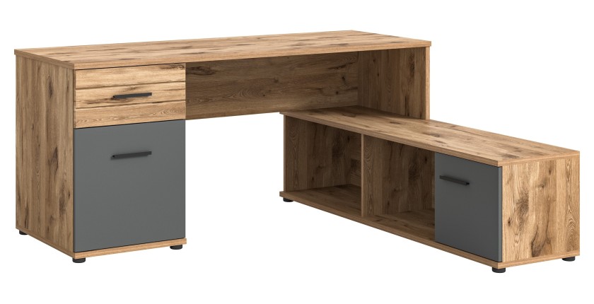 Bureau d'angle avec 2 tiroirs, 1 placard et 2 niches – Gris anthracite et chêne clair – SELMA 
