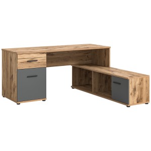 Bureau d'angle avec 2 tiroirs, 1 placard et 2 niches – Gris anthracite et chêne clair – SELMA 
