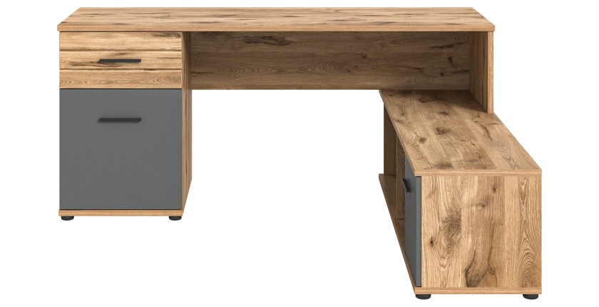 Bureau d'angle avec 2 tiroirs, 1 placard et 2 niches – Gris anthracite et chêne clair – SELMA 