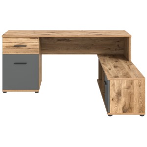 Bureau d'angle avec 2 tiroirs, 1 placard et 2 niches – Gris anthracite et chêne clair – SELMA 