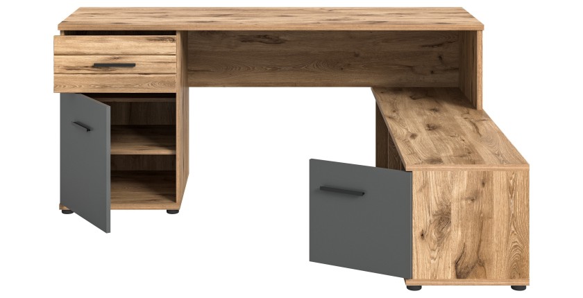 Bureau d'angle avec 2 tiroirs, 1 placard et 2 niches – Gris anthracite et chêne clair – SELMA 