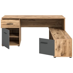 Bureau d'angle avec 2 tiroirs, 1 placard et 2 niches – Gris anthracite et chêne clair – SELMA 