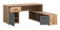 Bureau d'angle avec 2 tiroirs, 1 placard et 2 niches – Gris anthracite et chêne clair – SELMA 