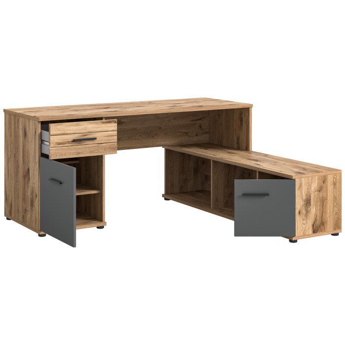 Bureau d'angle avec 2 tiroirs, 1 placard et 2 niches – Gris anthracite et chêne clair – SELMA 