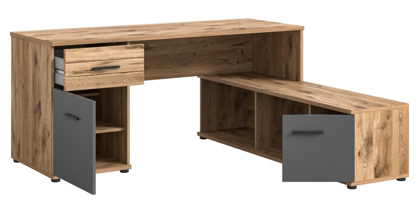 Bureau d'angle avec 2 tiroirs, 1 placard et 2 niches – Gris anthracite et chêne clair – SELMA 