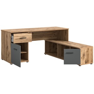 Bureau d'angle avec 2 tiroirs, 1 placard et 2 niches – Gris anthracite et chêne clair – SELMA 
