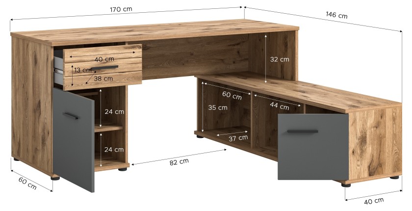 Bureau d'angle avec 2 tiroirs, 1 placard et 2 niches – Gris anthracite et chêne clair – SELMA 