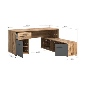 Bureau d'angle avec 2 tiroirs, 1 placard et 2 niches – Gris anthracite et chêne clair – SELMA 