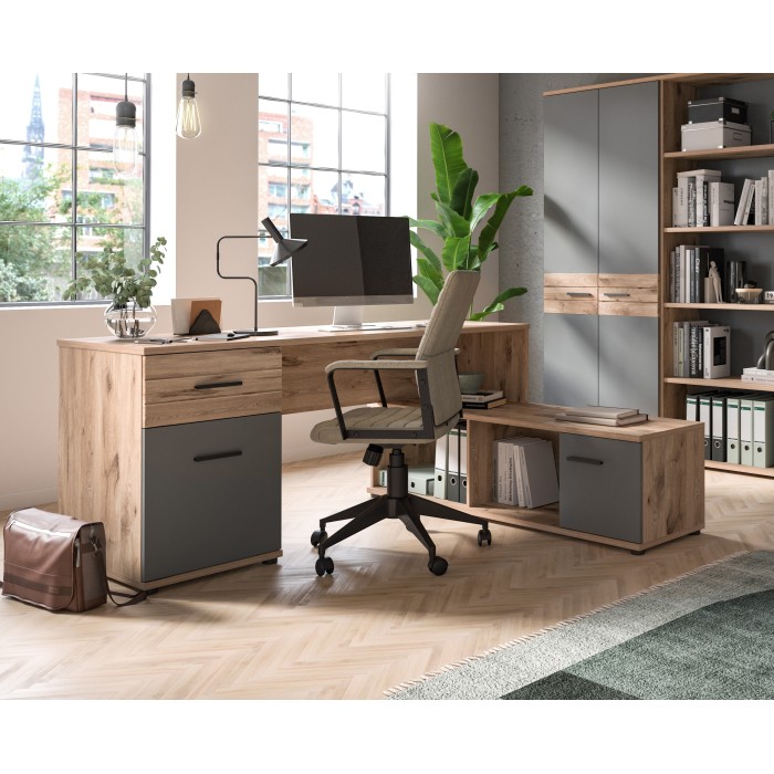 Bureau d'angle avec 2 tiroirs, 1 placard et 2 niches – Gris anthracite et chêne clair – SELMA 