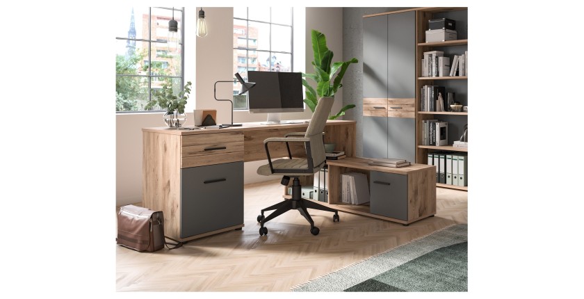 Bureau d'angle avec 2 tiroirs, 1 placard et 2 niches – Gris anthracite et chêne clair – SELMA 