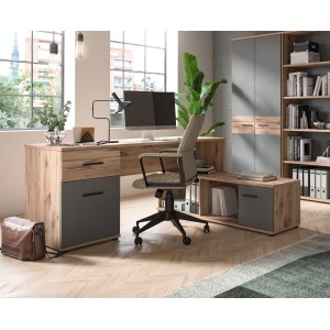 Bureau d'angle avec 2 tiroirs, 1 placard et 2 niches – Gris anthracite et chêne clair – SELMA 
