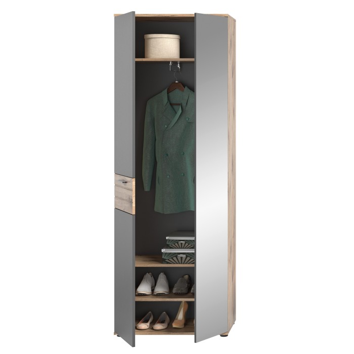 Armoire d'entrée avec miroir et penderie – Gris anthracite et chêne clair – SELMA 