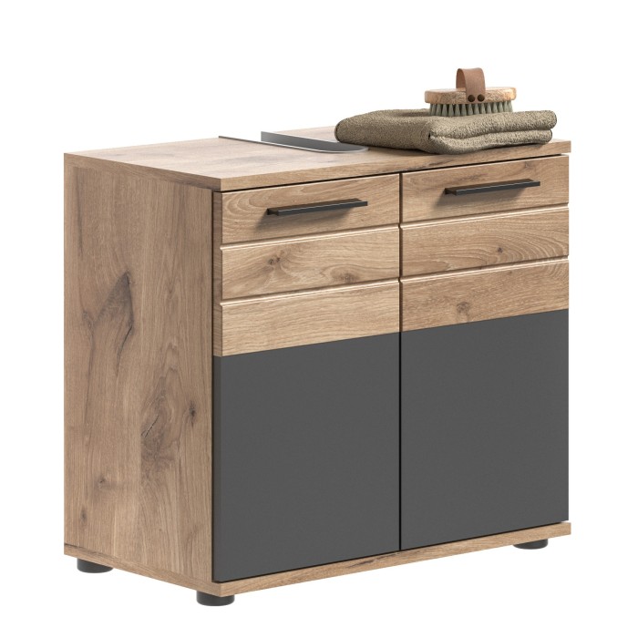 Meuble sous vasque 2 portes – Gris anthracite et chêne clair – SELMA 