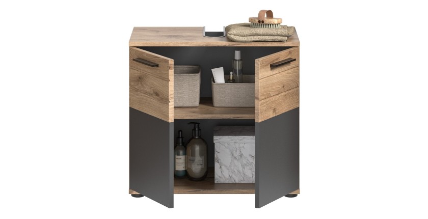 Meuble sous vasque 2 portes – Gris anthracite et chêne clair – SELMA 