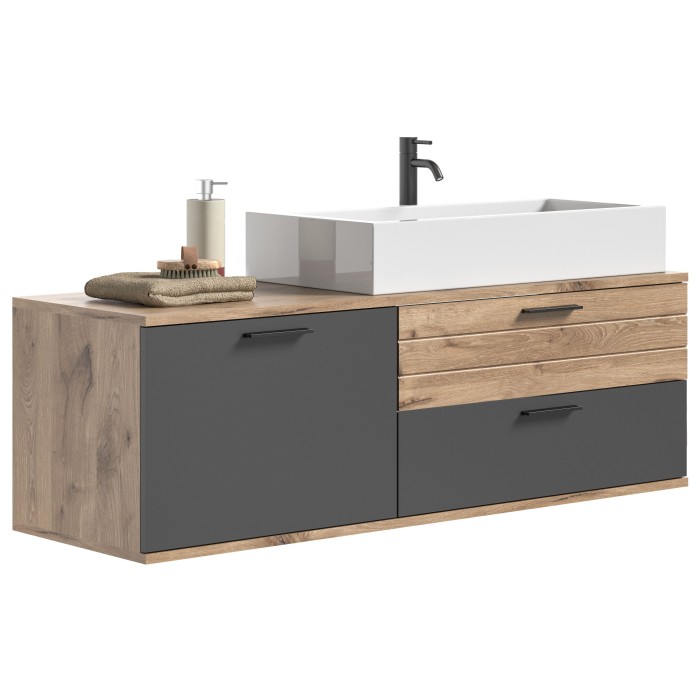 Meuble sous vasque 1 porte et 2 tiroirs – Gris anthracite et chêne clair – SELMA 