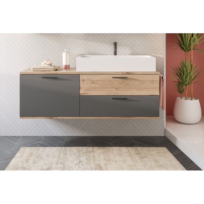 Meuble sous vasque 1 porte et 2 tiroirs – Gris anthracite et chêne clair – SELMA 