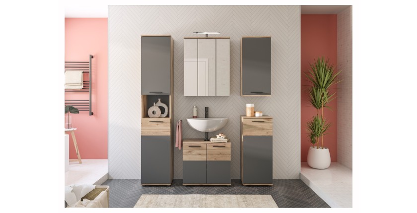 Colonne de salle de bain 2 portes – Gris anthracite et chêne clair – SELMA 