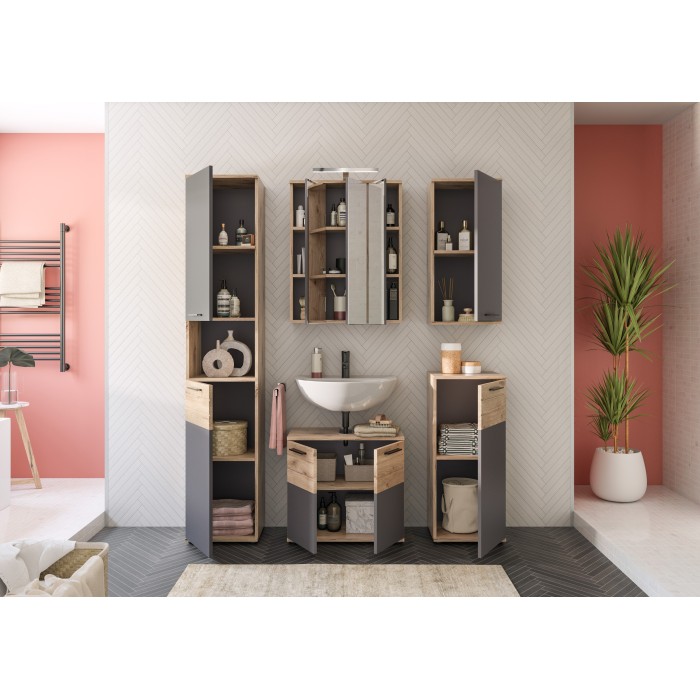 Demi colonne de salle de bain 1 porte – Gris anthracite et chêne clair – SELMA 